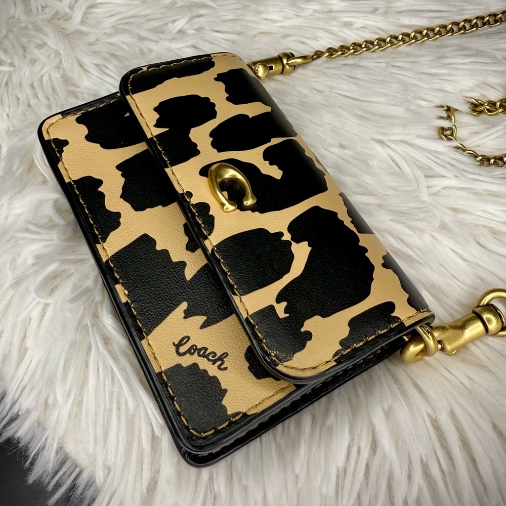 COACH Leopard Print Leather Flap Card Case with Crossbody Chain